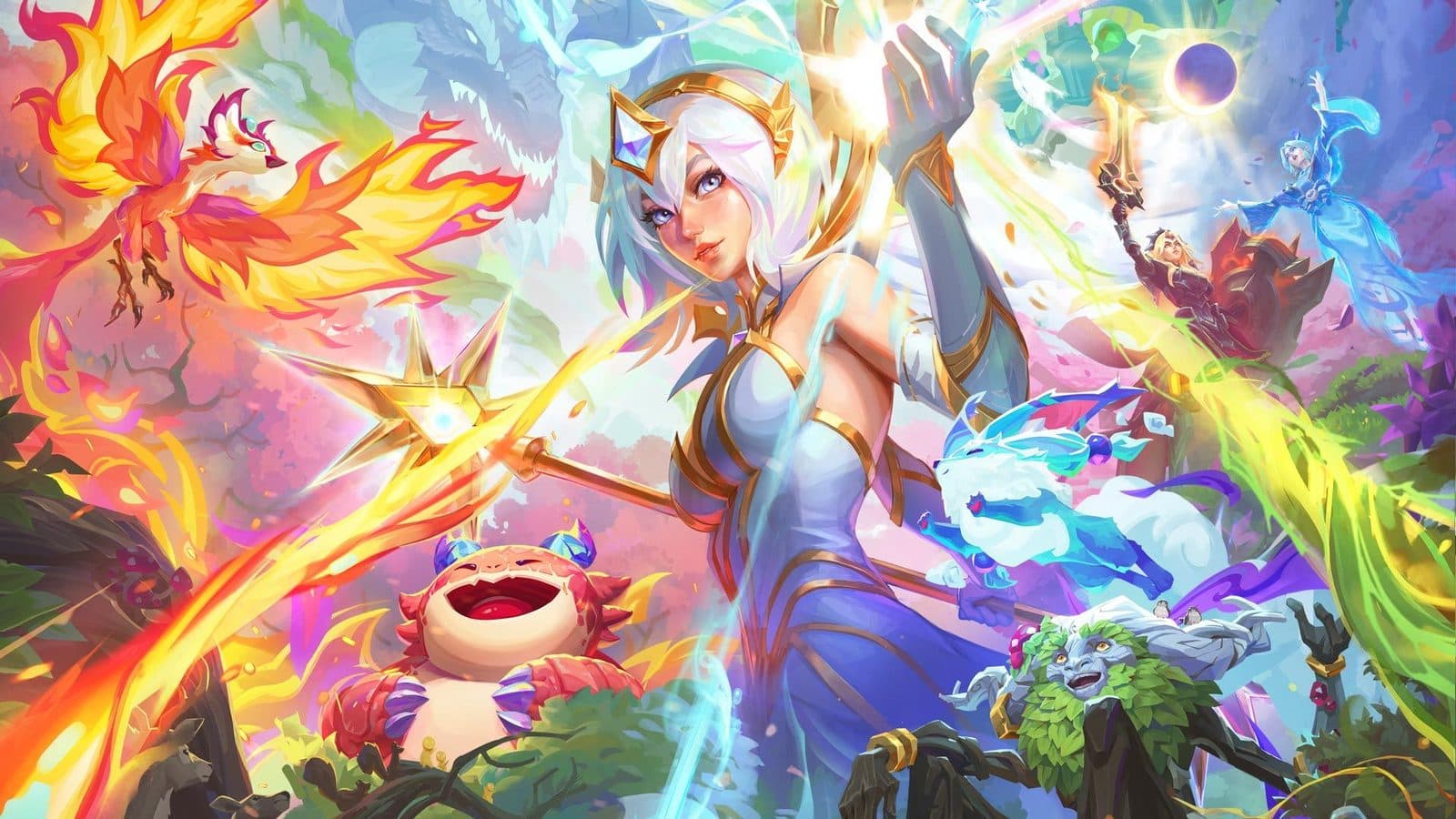 Illustration colorée de TFT : une guerrière aux cheveux blancs lève la main devant un phénix de feu, un dragon rieur, un esprit des bois et d'autres créatures de la forêt