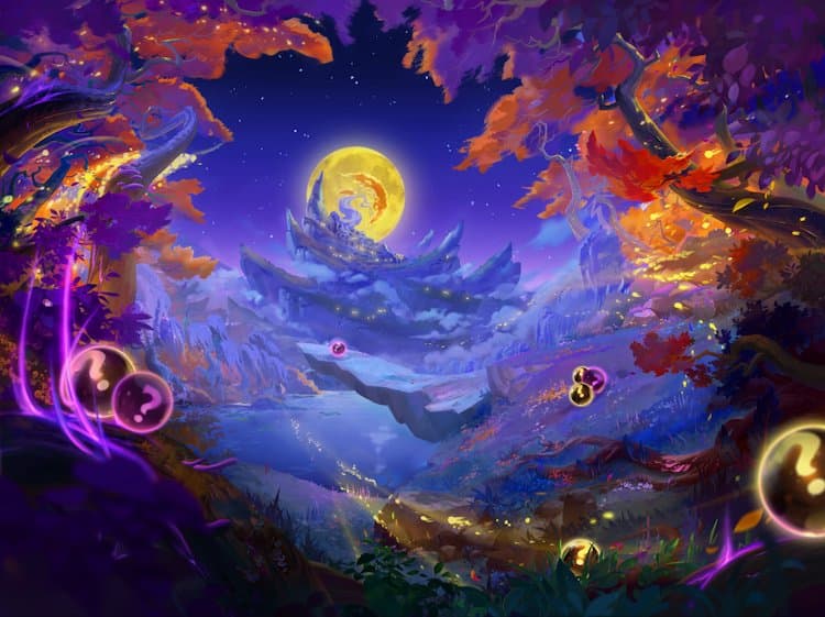 Une forêt enchantée aux feuillages violets et orange sous une pleine lune jaune, avec des orbes mystères lumineux au premier plan