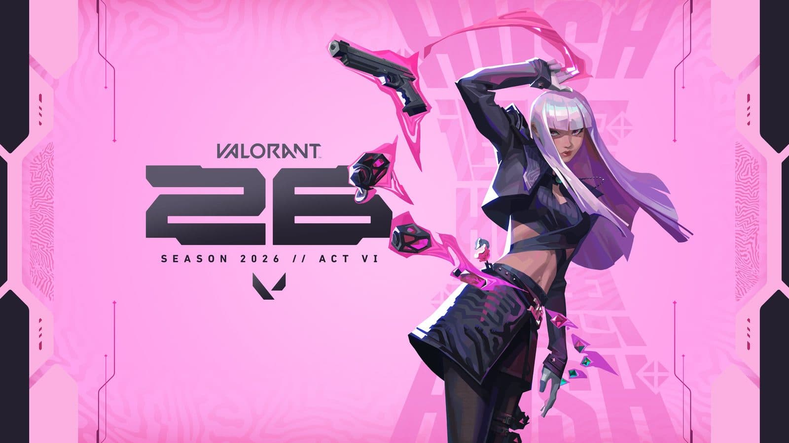 Hush, aux cheveux clairs, lance un pistolet en l'air devant le logo Valorant Saison 2026 Acte VI sur fond rose