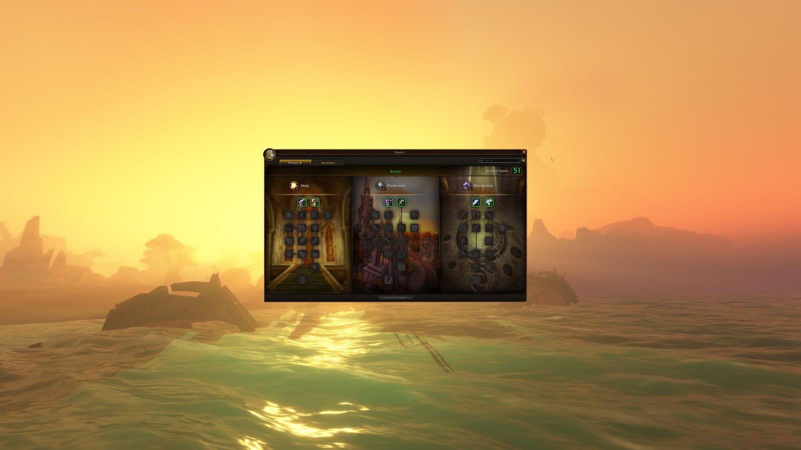 La fenêtre de talents du paladin avec ses trois arbres, au-dessus d'une mer éclairée par un coucher de soleil
