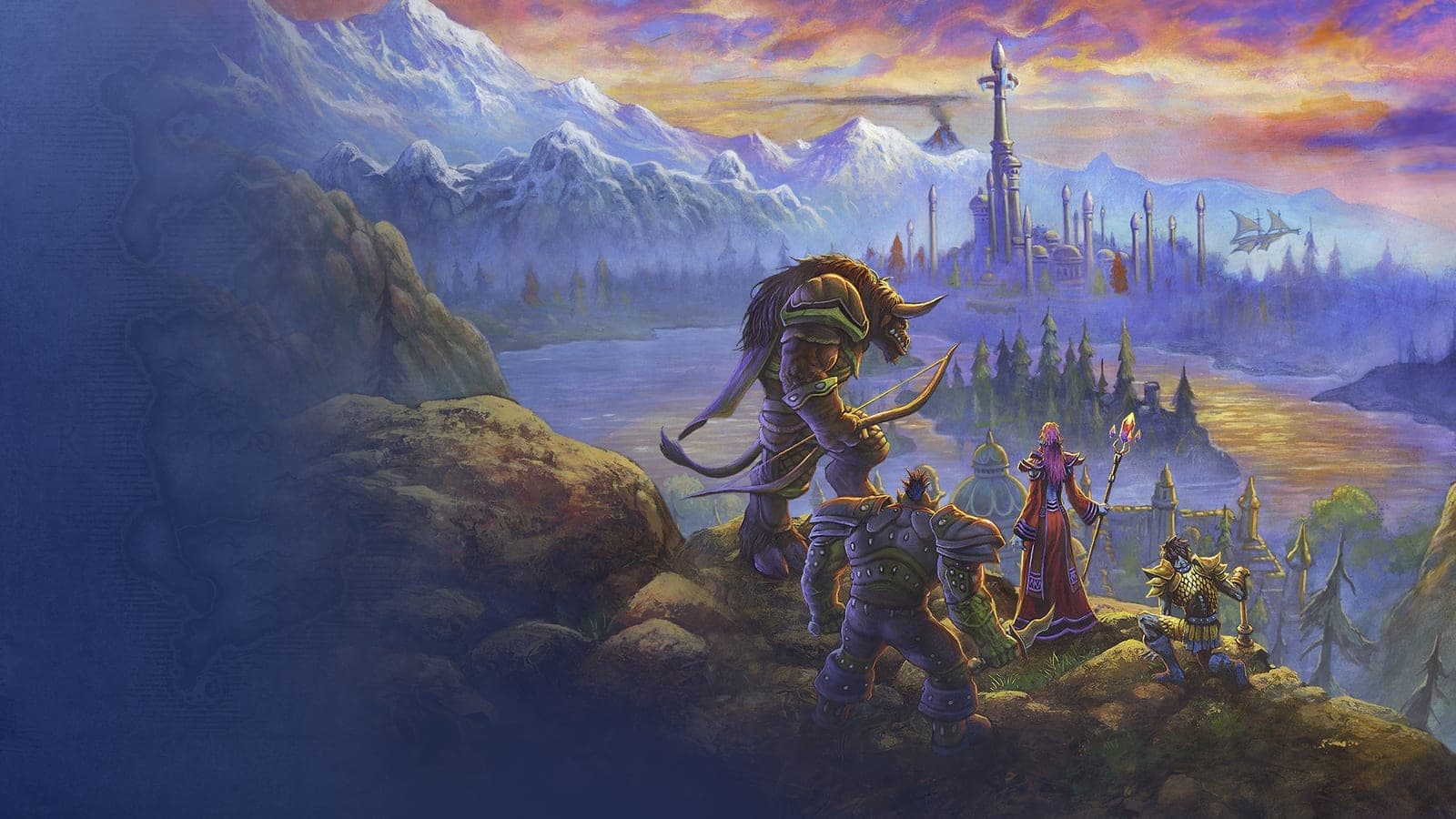 Un tauren archer, un orc, une mage en robe rouge et un guerrier contemplent depuis un rocher une ville aux tours blanches au bord d'un lac, sous un ciel de couchant
