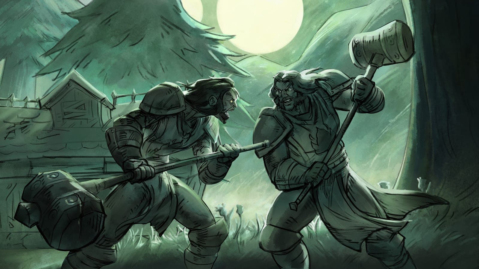 Dessin dans des tons verts : deux guerriers aux longs cheveux s'affrontent au marteau de guerre devant une maison de bois, sous la pleine lune