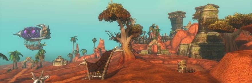 Une île de terre rouge avec des palmiers, des ruines trolls et un zeppelin violet dans le ciel