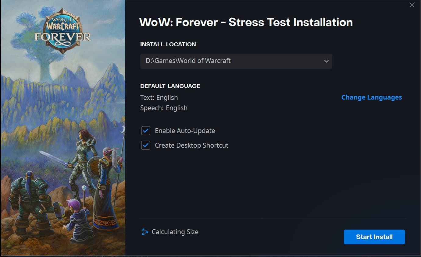 La fenêtre d'installation du stress test de WoW Forever dans l'application Battle.net