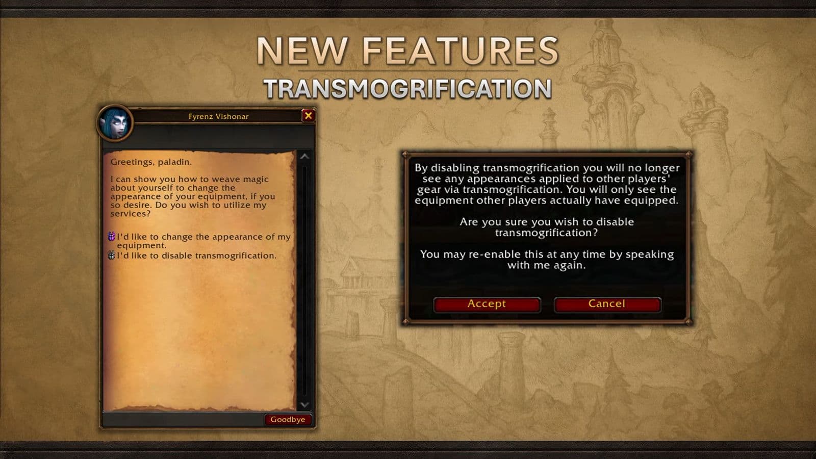 Le dialogue du PNJ transmogrifieur de WoW Forever avec l'option pour désactiver la transmogrification et la fenêtre de confirmation