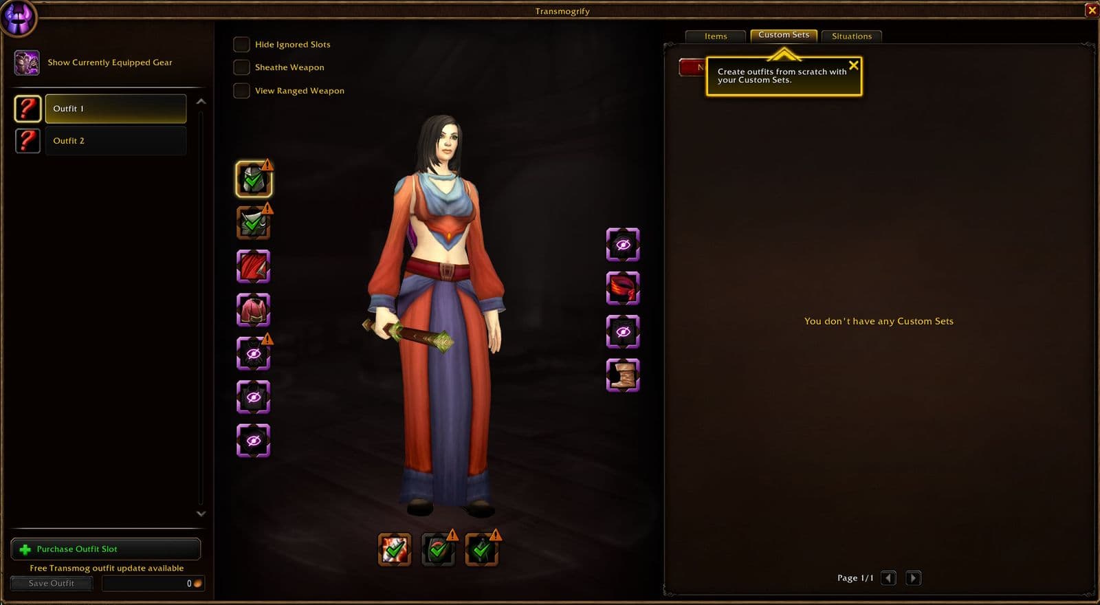 La fenêtre de transmogrification de WoW Forever, avec la liste des tenues à gauche et les onglets Objets, Ensembles et Situations
