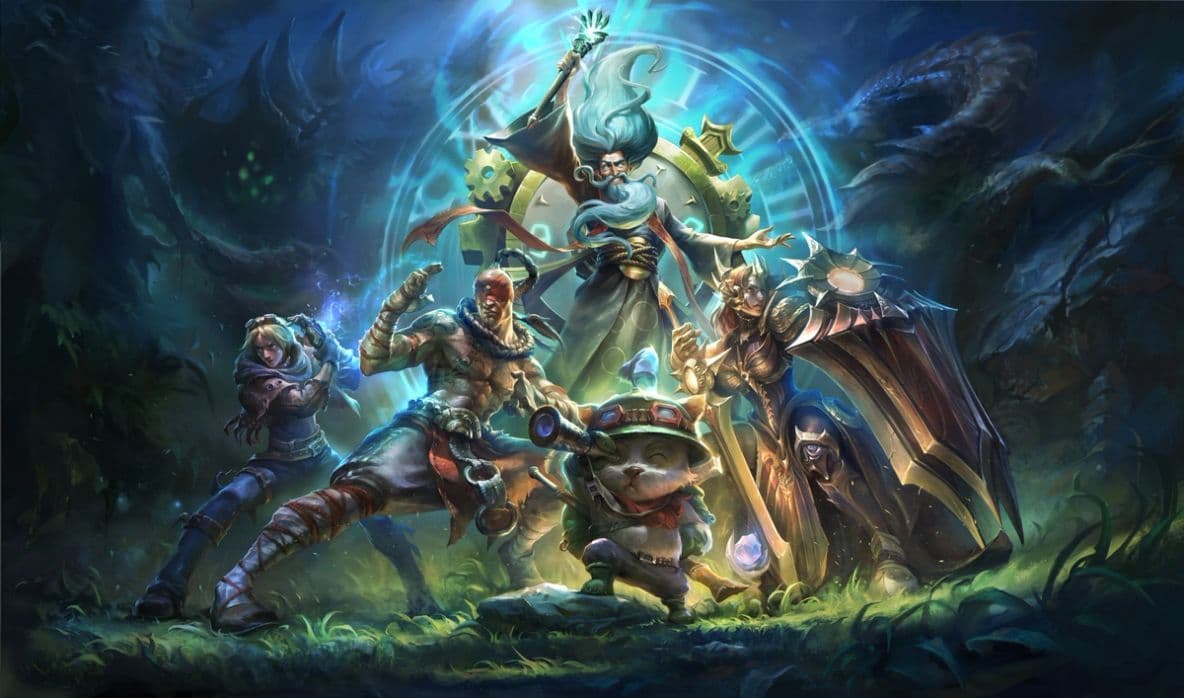 Ryze, Lee Sin, Zilean, Teemo et Leona réunis dans une forêt éclairée par une grande horloge magique