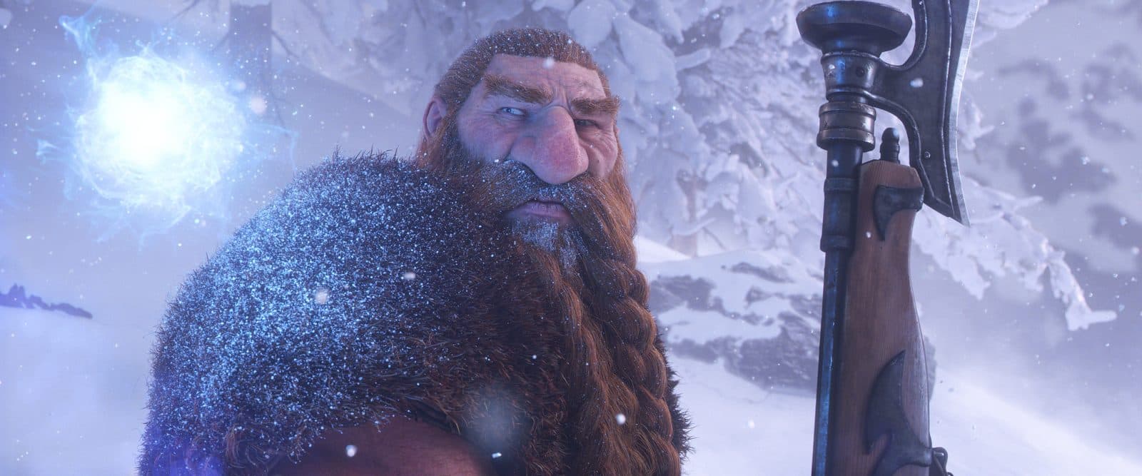 Un nain à la barbe rousse couverte de givre, une hache à la main, dans une tempête de neige