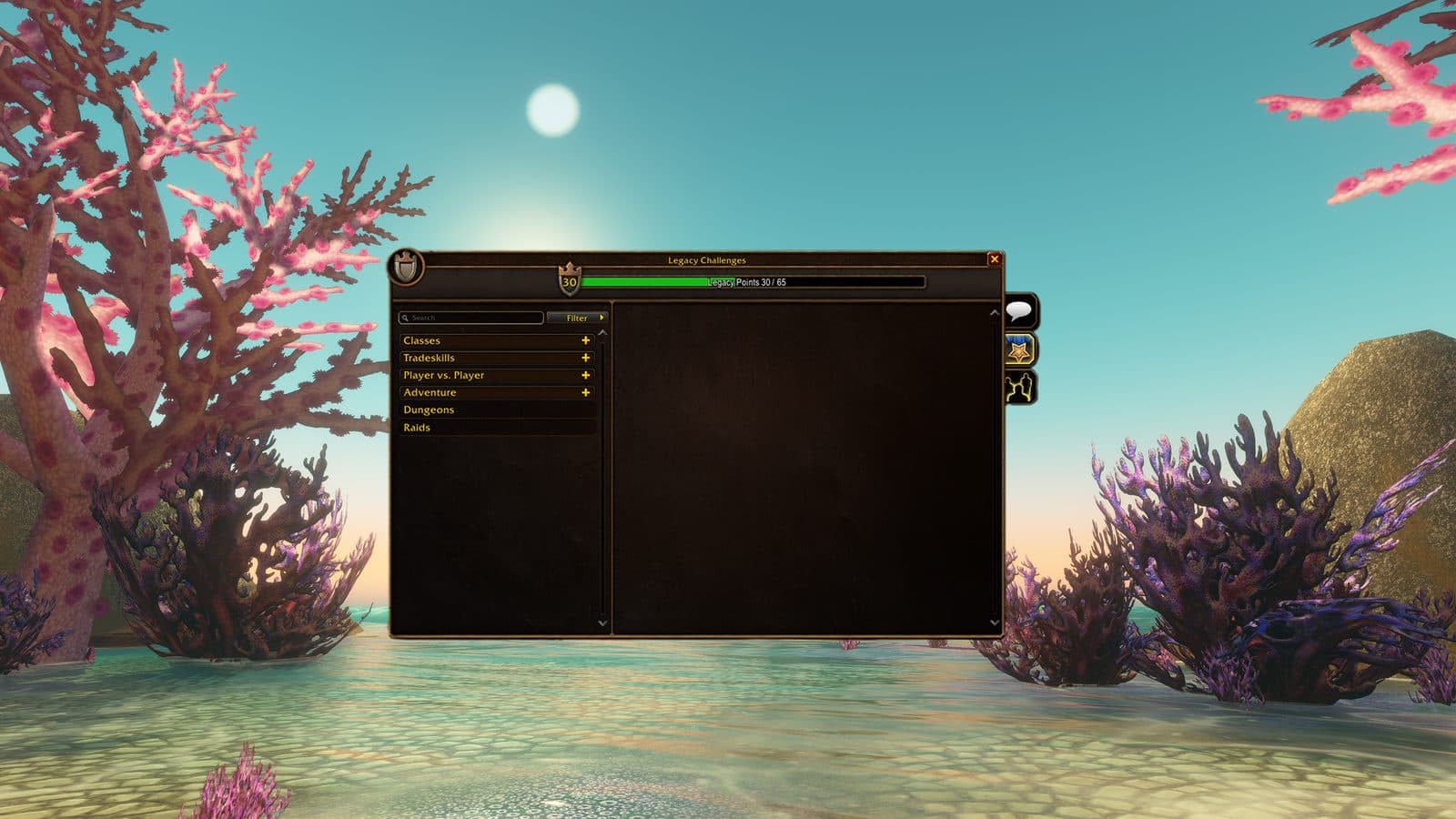 La fenêtre des défis d'héritage de WoW Forever, avec une barre de 30 points sur 65, devant un décor de corail