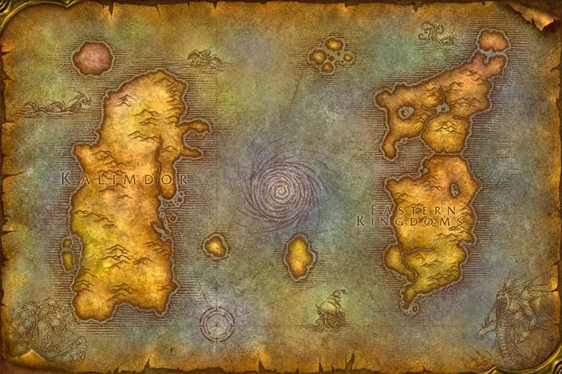 La carte d'Azeroth sur un parchemin, avec les continents de Kalimdor et des Royaumes de l'Est
