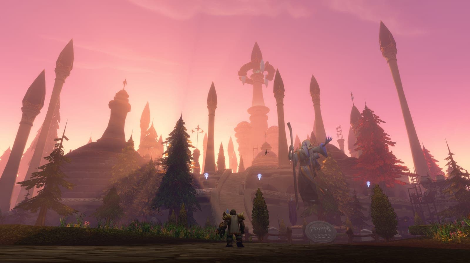 La cité de Dalaran et ses tours violettes au coucher du soleil, sous un ciel rose, avec deux aventuriers au premier plan
