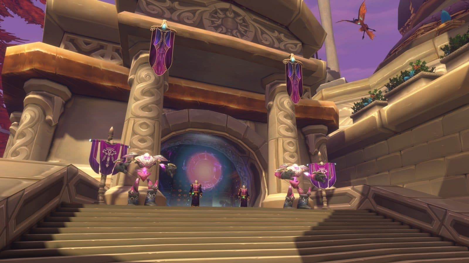 Un grand escalier de pierre mène à un portail magique violet et rose, gardé par des golems et surmonté de bannières violettes