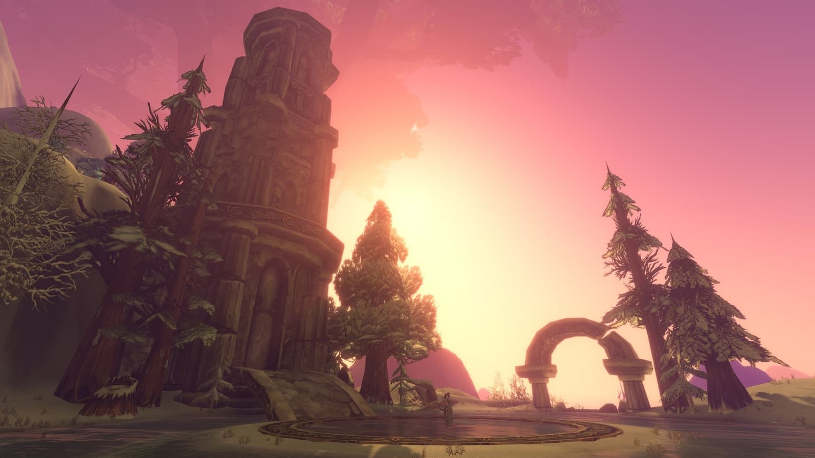 Une tour de pierre et une arche en ruine dans un paysage de forêt, au coucher du soleil, dans WoW Forever