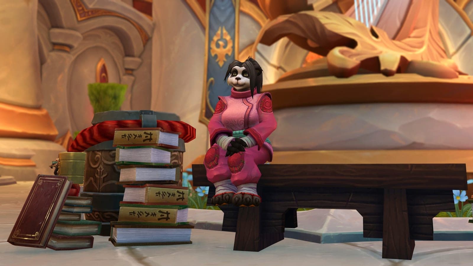 Li Li Brune d'Orage, une jeune pandarène en tunique rose, assise sur un banc à côté de piles de livres, dans une grande salle dorée